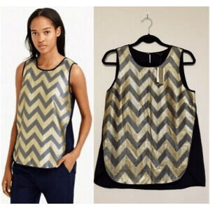 JCrew Navy & Gold Chevron Gilded Tank Blouse Preppy Minimalist Retro Boho 2